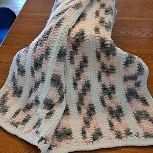 Cozy Plush Crochet Baby Blanket - White, Gray & Blush Pink 36 X 36 Inches